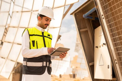 مهندس سعودي يستخدم جهاز لوحي في محطة طاقة شمسية