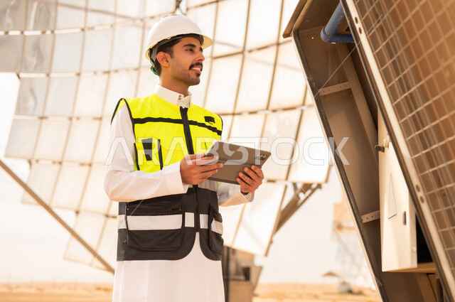 مهندس سعودي في حقل طاقة شمسية مع جهاز لوحي