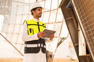 مهندس سعودي في حقل طاقة شمسية مع جهاز لوحي