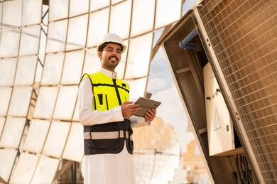 Saudi Engineer with Tablet at Solar Power Plant