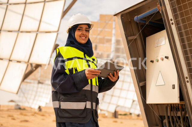 Arab Female Engineer in Solar Power Plant with Tablet
