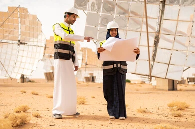 مهندسون سعوديون في محطة طاقة شمسية صحراوية