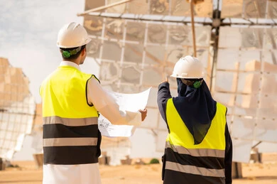 Saudi Engineers at Solar Power Plant with Blueprints