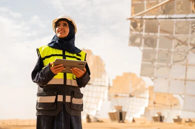 مهندسة سعودية في محطة طاقة شمسية مع جهاز لوحي