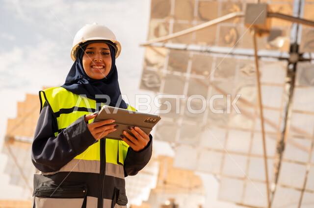 مهندسة سعودية في محطة للطاقة الشمسية مع جهاز لوحي