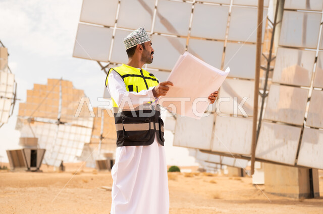 Omani Engineer with Blueprints at Solar Farm
