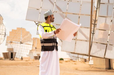 مهندس عماني يحمل مخططات في مزرعة طاقة شمسية