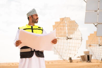 مهندس عُماني يحمل مخططات في محطة طاقة شمسية
