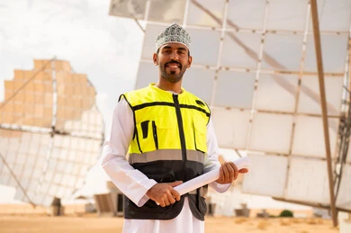 Omani Engineer at Solar Power Plant with Blueprints