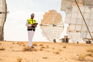 Omani Engineer with Tablet at Solar Power Plant
