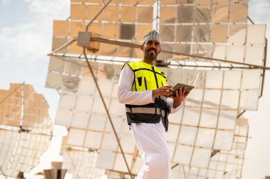 مهندس عماني في محطة طاقة شمسية مع جهاز لوحي