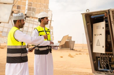 مهندسون عمانيون في محطة طاقة شمسية صحراوية