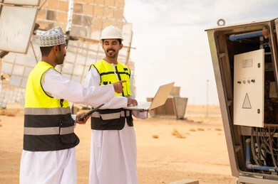 Omani Engineers at Solar Power Plant with Laptop