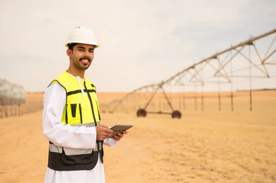 مهندس سعودي مع جهاز لوحي في مزرعة ري صحراوية