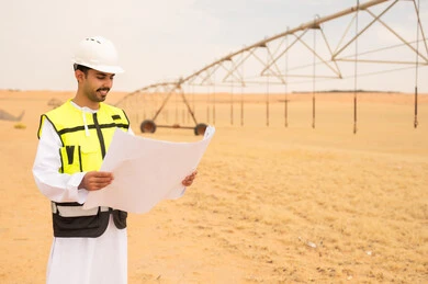 مهندس عربي مع مخطط هندسي في موقع ري صحراوي