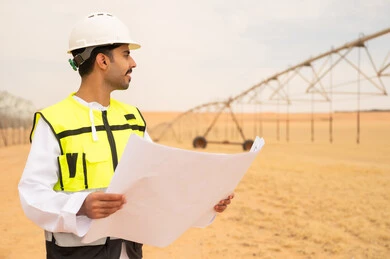 مهندس سعودي في مزرعة زراعية مع مخططات الري