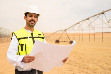 مهندس سعودي يحمل مخططاً في مزرعة صحراوية
