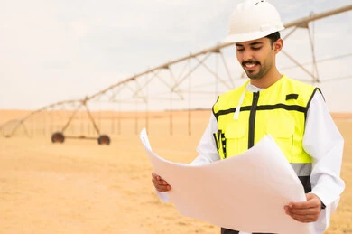 Saudi Engineer Reviewing Blueprints at Desert Site