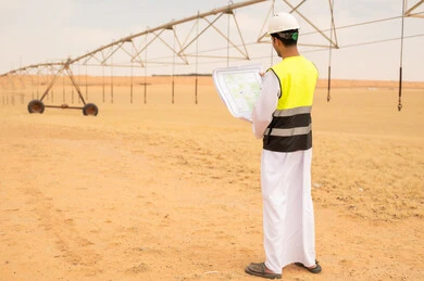 مهندس سعودي يحمل مخططاً في مزرعة صحراوية بنظام الري