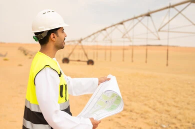 مهندس إماراتي مع مخطط في مزرعة صحراوية