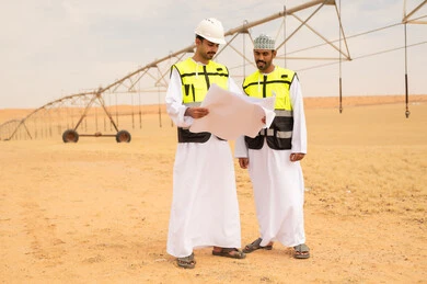 مهندسون عمانيون في موقع ري زراعي صحراوي