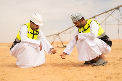 Omani Men Inspecting Soil at Desert Irrigation Farm