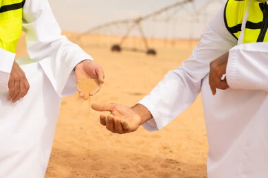 Saudi Agricultural Engineers Inspecting Soil in Desert