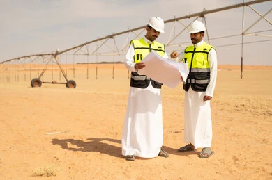 مهندسون سعوديون يراجعون مخططات مشروع ري زراعي صحراوي