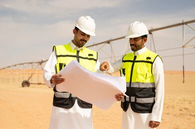 مهندسون سعوديون يراجعون مخططات في حقل زراعي