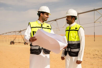 Saudi Engineers with Blueprints at Desert Construction Saudi Engineers with Blueprints at Desert Construction