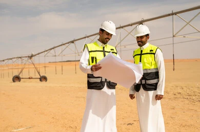 Saudi Engineers Reviewing Blueprints at Desert Site