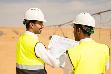 مهندسان سعوديان يراجعان المخططات الهندسية في الصحراء