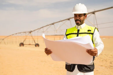 Saudi Engineer with Blueprints at Desert Construction