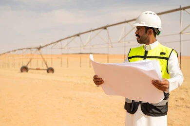 مهندس سعودي يحمل مخططات في موقع زراعي صحراوي