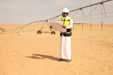 مهندس سعودي يدرس مخططاً في موقع ري صحراوي