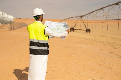 مهندس سعودي يحمل مخطط في مزرعة صحراوية