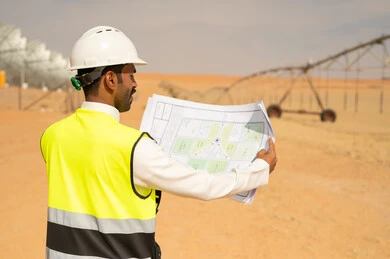 مهندس سعودي يراجع مخططات هندسية في موقع صحراوي