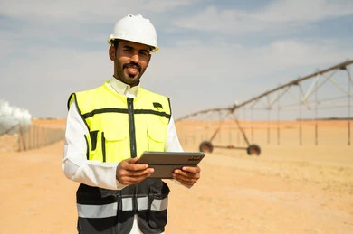 مهندس سعودي مع جهاز لوحي في مزرعة ري صحراوية