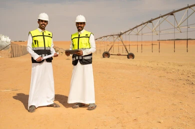 مهندسون سعوديون في موقع ري زراعي صحراوي
