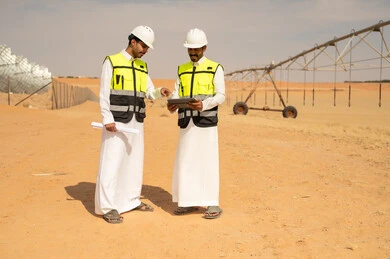 Saudi Engineers Inspecting Desert Irrigation System