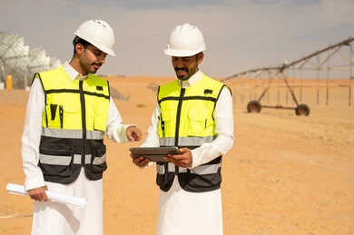 مهندسان سعوديان في مزرعة صحراوية مع جهاز لوحي