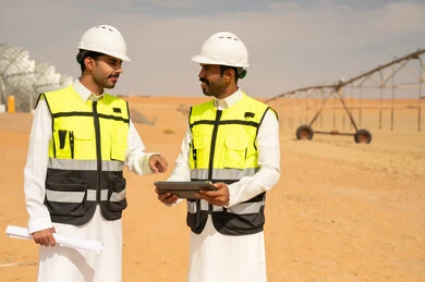 مهندسون سعوديون في موقع زراعي صحراوي مع جهاز لوحي