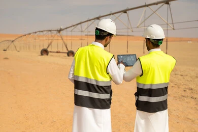 Saudi Engineers with Tablet at Desert Irrigation Site