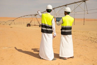 مهندسون سعوديون يتفقدون نظام ري في الصحراء