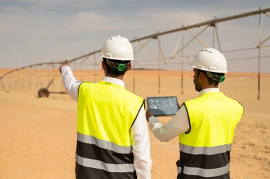مهندسان سعوديان في مزرعة صحراوية مع نظام ري