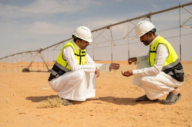 Saudi Agricultural Engineers Examining Soil in Desert