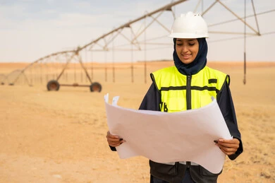 مهندسة سعودية مع مخططات هندسية في موقع ري زراعي