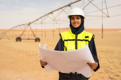 Saudi Female Engineer Holding Blueprint at Desert Farm