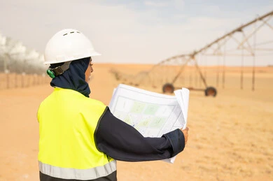 Arab Female Engineer with Blueprints on Desert Farm