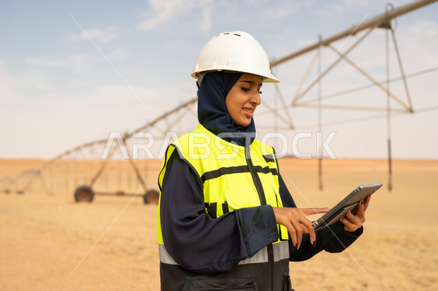 مهندسة عربية تستخدم جهاز لوحي في مزرعة ري